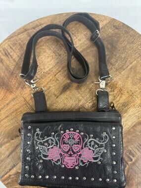 Small Black Leather Crossbody/Waist Bag Skull Roses Studs